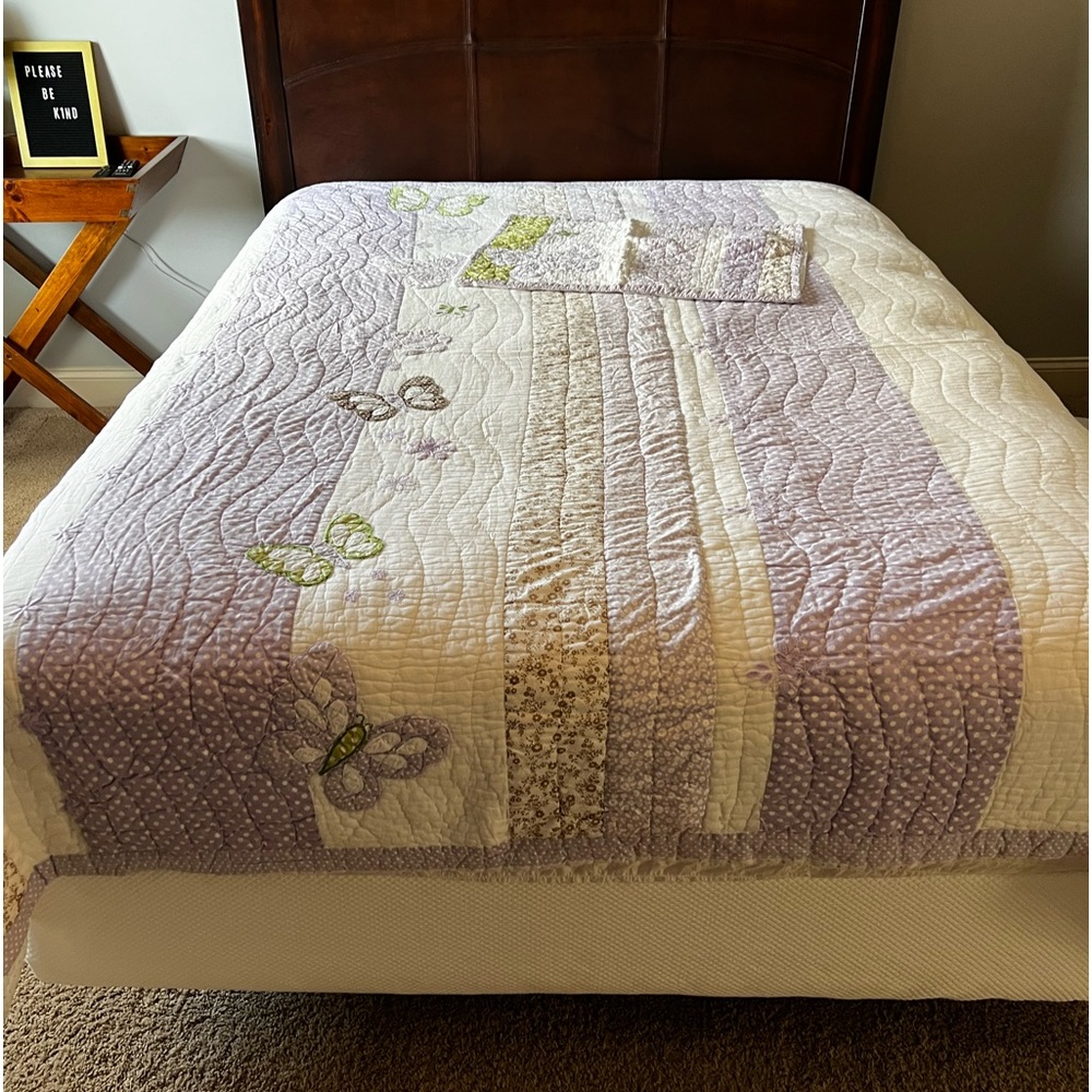 Pottery Barn Kids quilt butterflies, green brown and purple